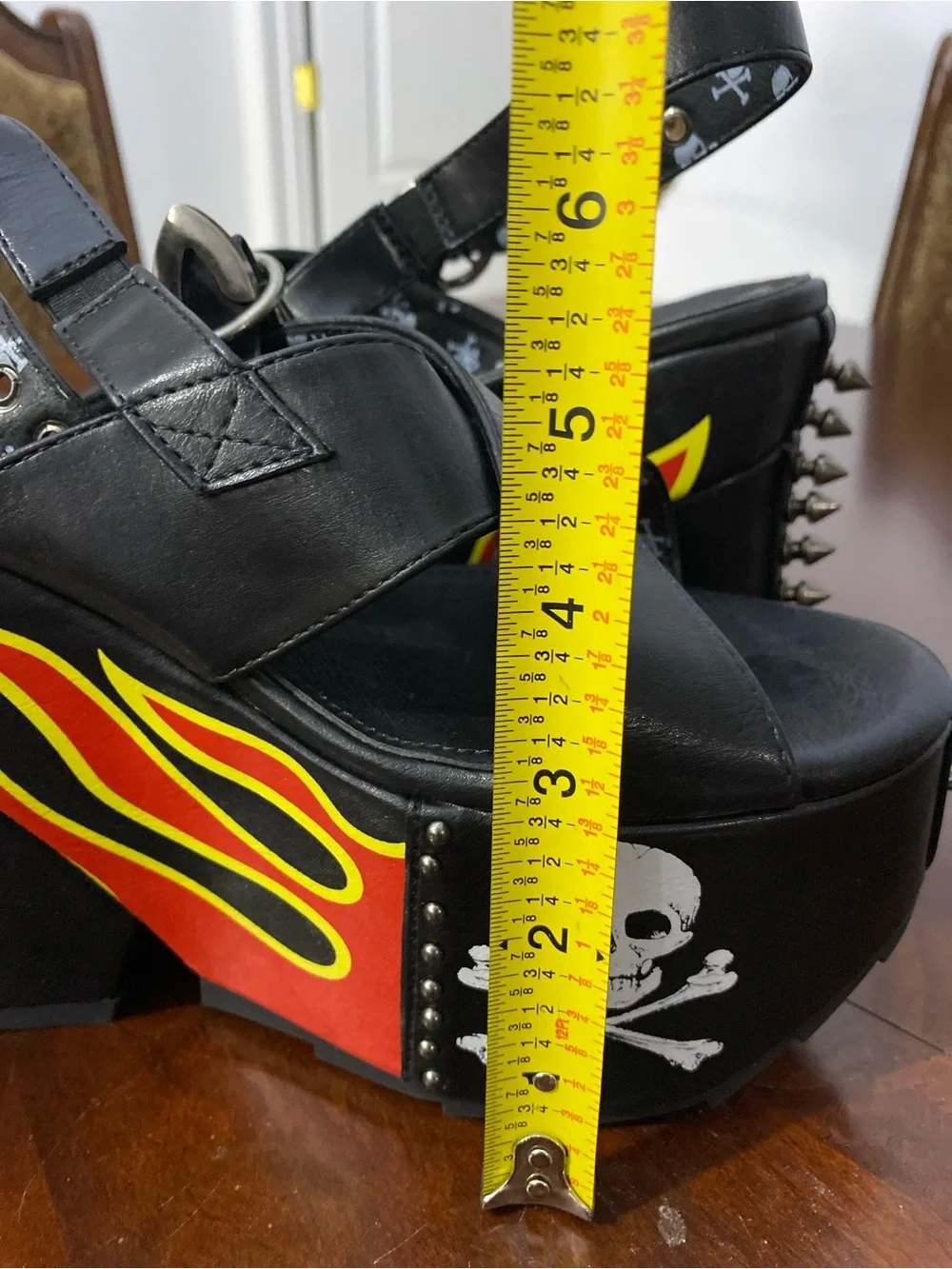 Lamo Black Platform Sandals with Red & Yellow Flame and Skull Detail